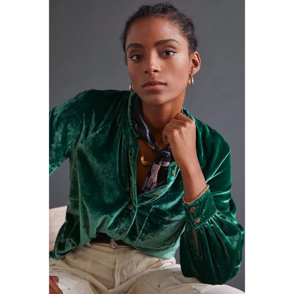 Pilcro for Anthropologie Green Puff-Sleeved Velvet Buttondown NWT Medium - Picture 7 of 12